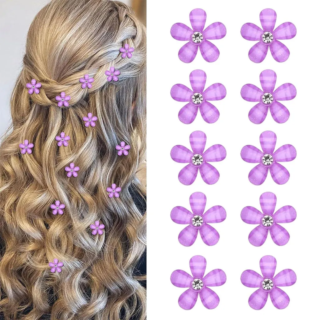 Lot de 10 mini-barrettes violettes strass et fleurs pour coiffure chic