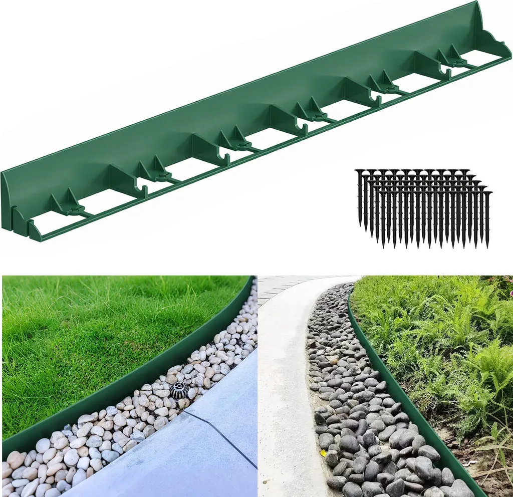 Izrielar Bordure de pelouse flexible 24m en plastique vert avec 100 clous