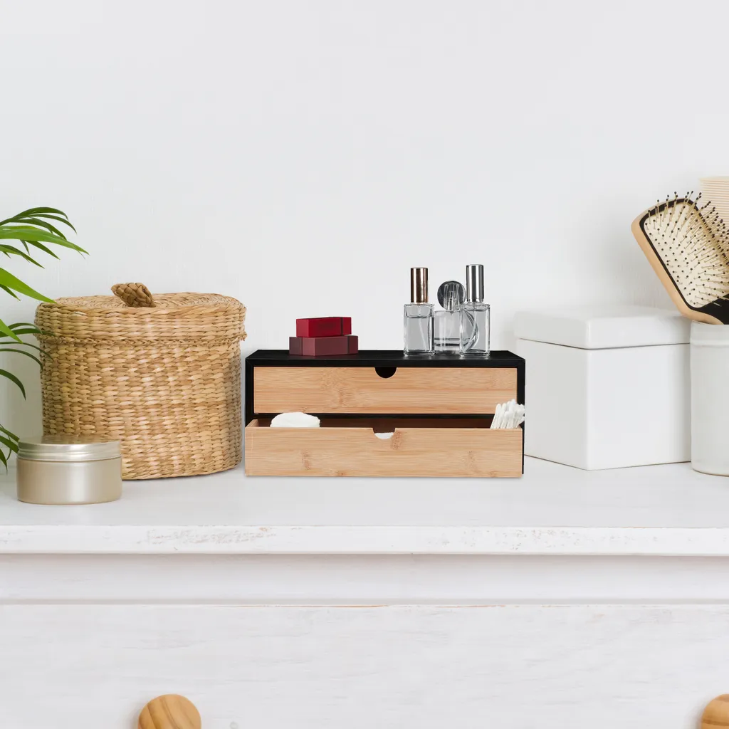 Mini commode en bambou et MDF blanc avec deux tiroirs de rangement chic