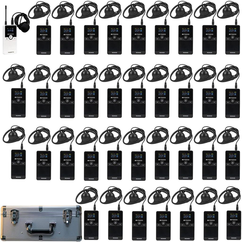 A collection of Retekess TT116 tour guide systems and a charging case are neatly arranged on a white background.