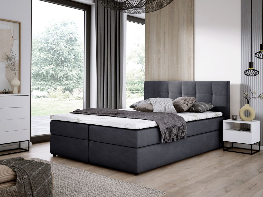 E-ZIMPAZ Boxspringbett MALMO 140x200 cm Komplett-Set mit Matratze und Topper, Polsterbett mit zwei Bettkästen, Doppelbett Dunkelgrau SORO97