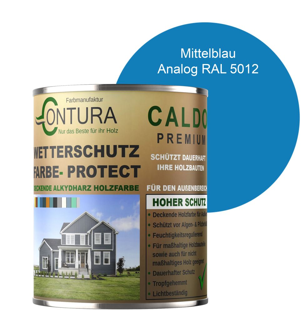 Contura 500ml Wetterschutzfarbe Holz Dauerschutzfarbe Deckend Buntlack Holzfarbe Holzlasur Seidenmatt - Mittelblau - RAL 5012 Analog