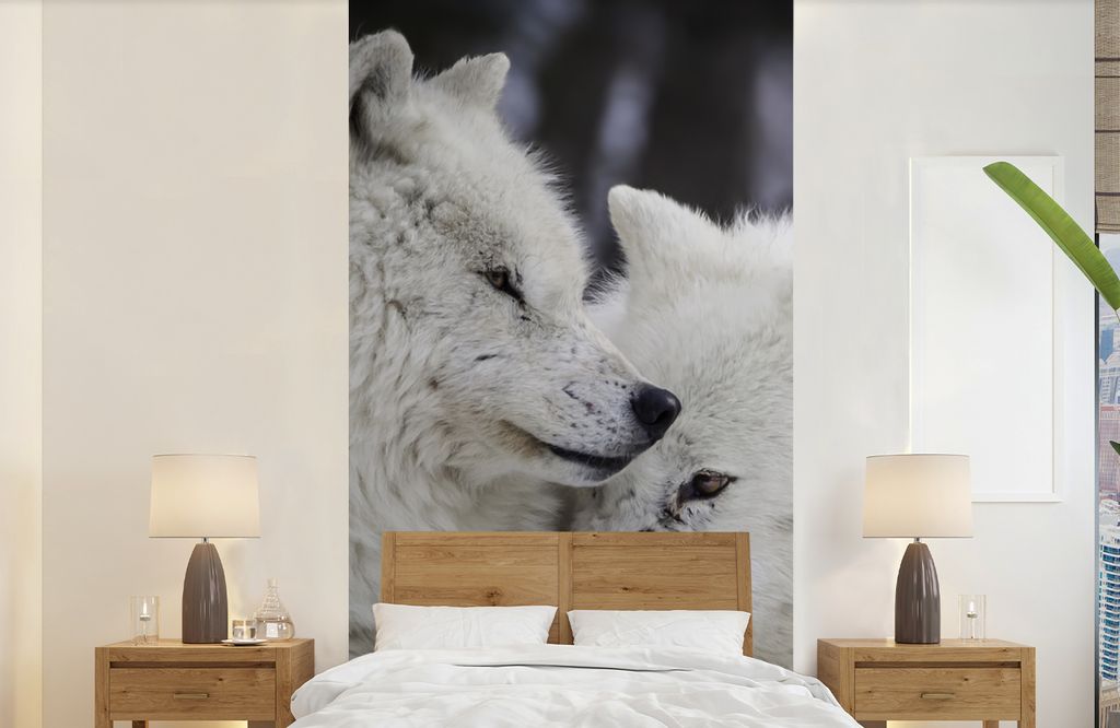 MuchoWow Fototapete für Wohnzimmer oder Schlafzimmer Wandtapete Vinyl Motivtapete Wölfe - Schnee - Familie - 120x240 cm - Hintergrundbild