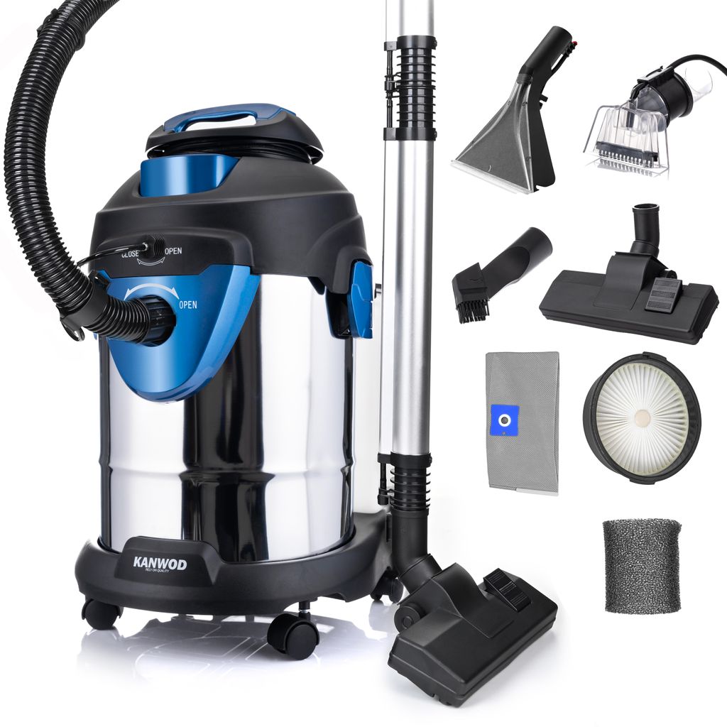 A wet/dry vacuum cleaner and its accessories are displayed against a white background.