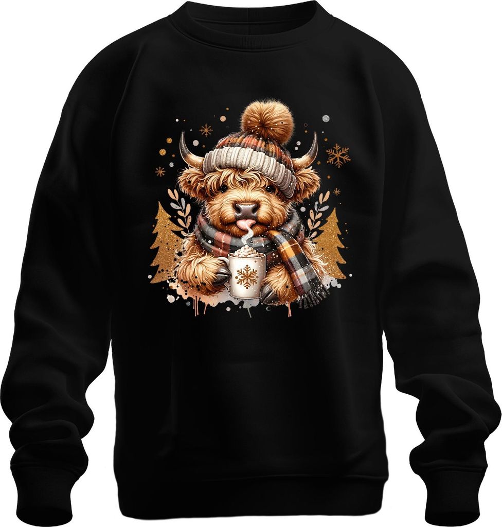 Highland Kuh Bommel Schal Becher Winter Weihnachten Geschenk Uni Sweatshirt Pullover, Schwarz, 3XL
