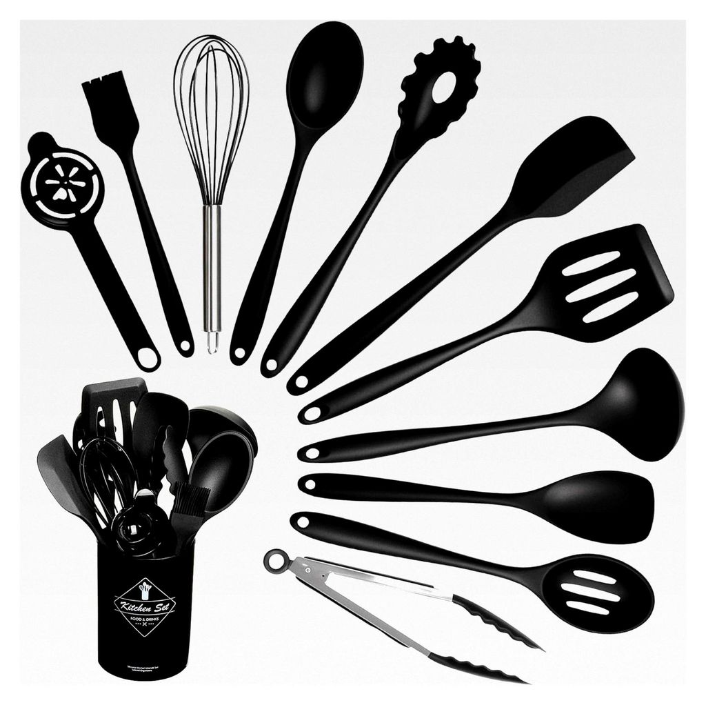 12-teiliges Küchenhelfer-Set aus lebensmittelechtem Silikon und Edelstahl, inklusive Aufbewahrungseimer, Küchenutensilien, BPA-frei für Backen u...