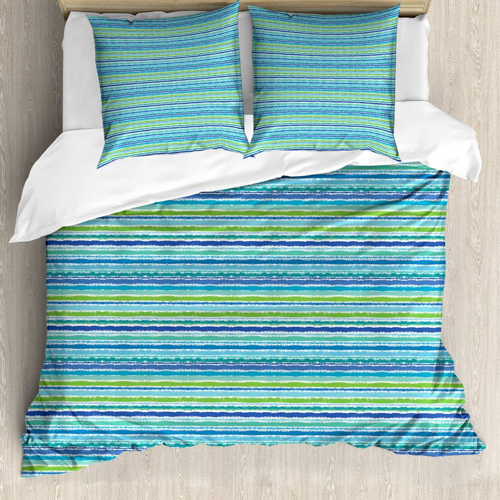 ABAKUHAUS Weinlese-Streifen Bettbezug Set für Einzelbetten, Blau, Grün-Töne Kunst, Milbensicher Allergiker geeignet mit Kissenbezug, 155 cm x 22...