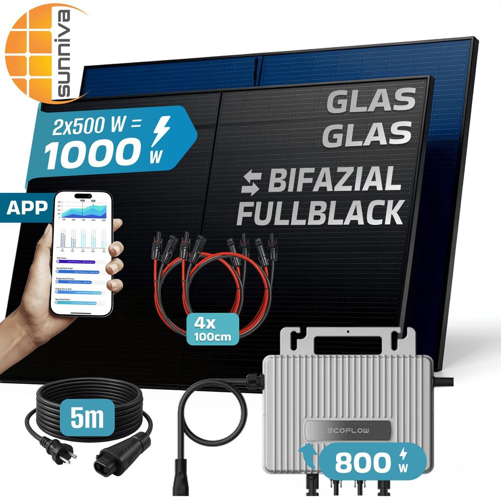 SUNNIVA 1000W Balkonkraftwerk BIFAZIAL FULLBLACK komplett Steckdose Ecoflow 800W Wechselrichter, PV Solaranlage, 5m Kabel, Bluetooth WIFI