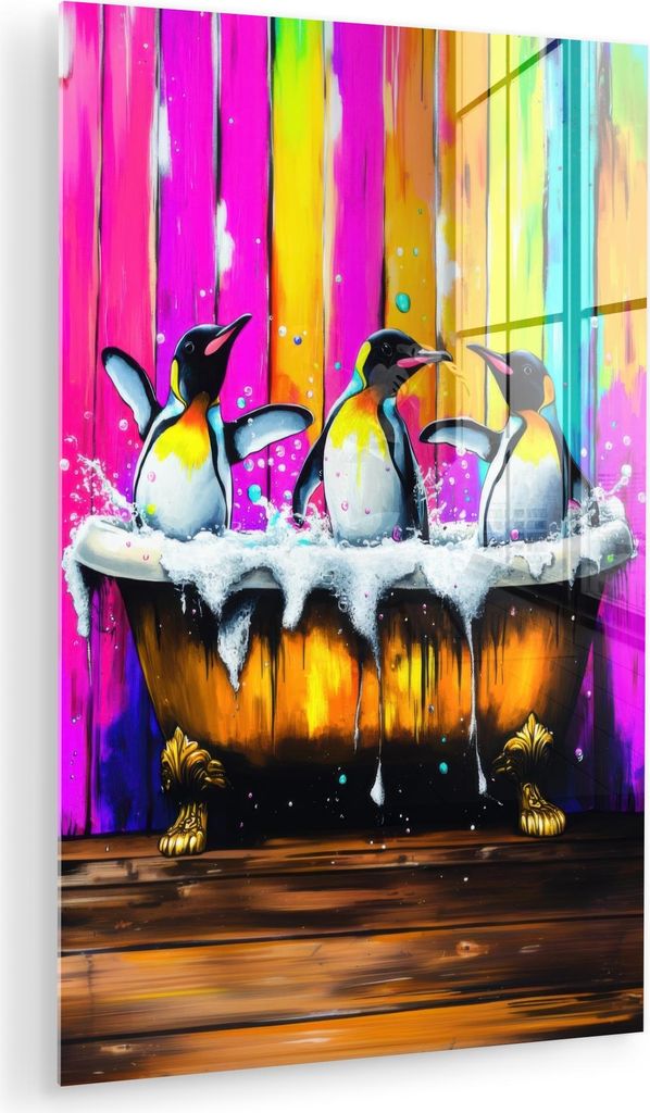 MuchoWow Glasbilder - Bilder auf Wandbild - Foto auf Glas Pinguine - Badewanne - Bunt - Schaumstoff 80x120 cm Wanddekoration aus Glas - Acrylglasbi...