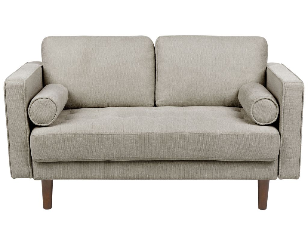 BELIANI 2-Sitzer Sofa Taupe Stoffbezug mit Holzbeinen Dekokissen Dicken Sitzkissen Losen Sitz- & Rückenkissen Schmalen Armlehnen Retro Wohnzimmer