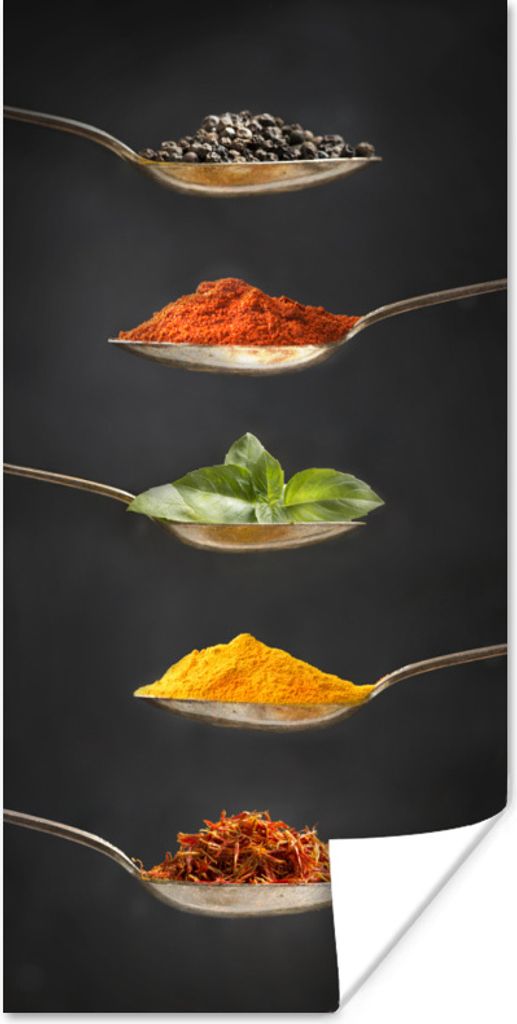 MuchoWow Poster Kräuter - Löffel - Gewürze - Schwarz - Italienisch 20x40 cm - Plakat - Foto