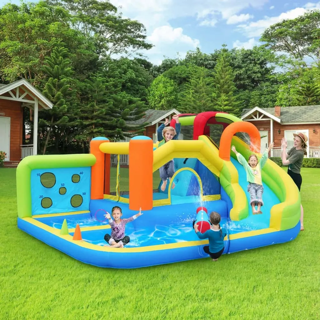 Parc aquatique gonflable pour enfants avec toboggan et basket - Bleu