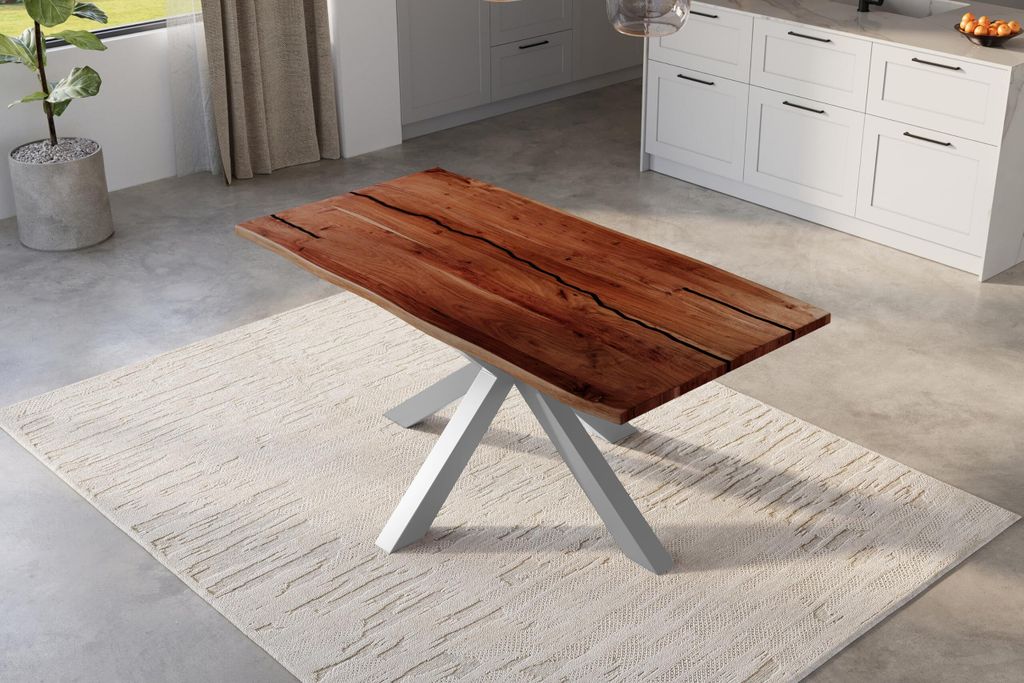 Baumkantentisch 160 x 85 cm Polly, Epoxidharz-Adern in Schwarz, Akazienholz massiv + nussbaumfarben, Esstisch mit Spider-Eisengestell Silber, Tisch...