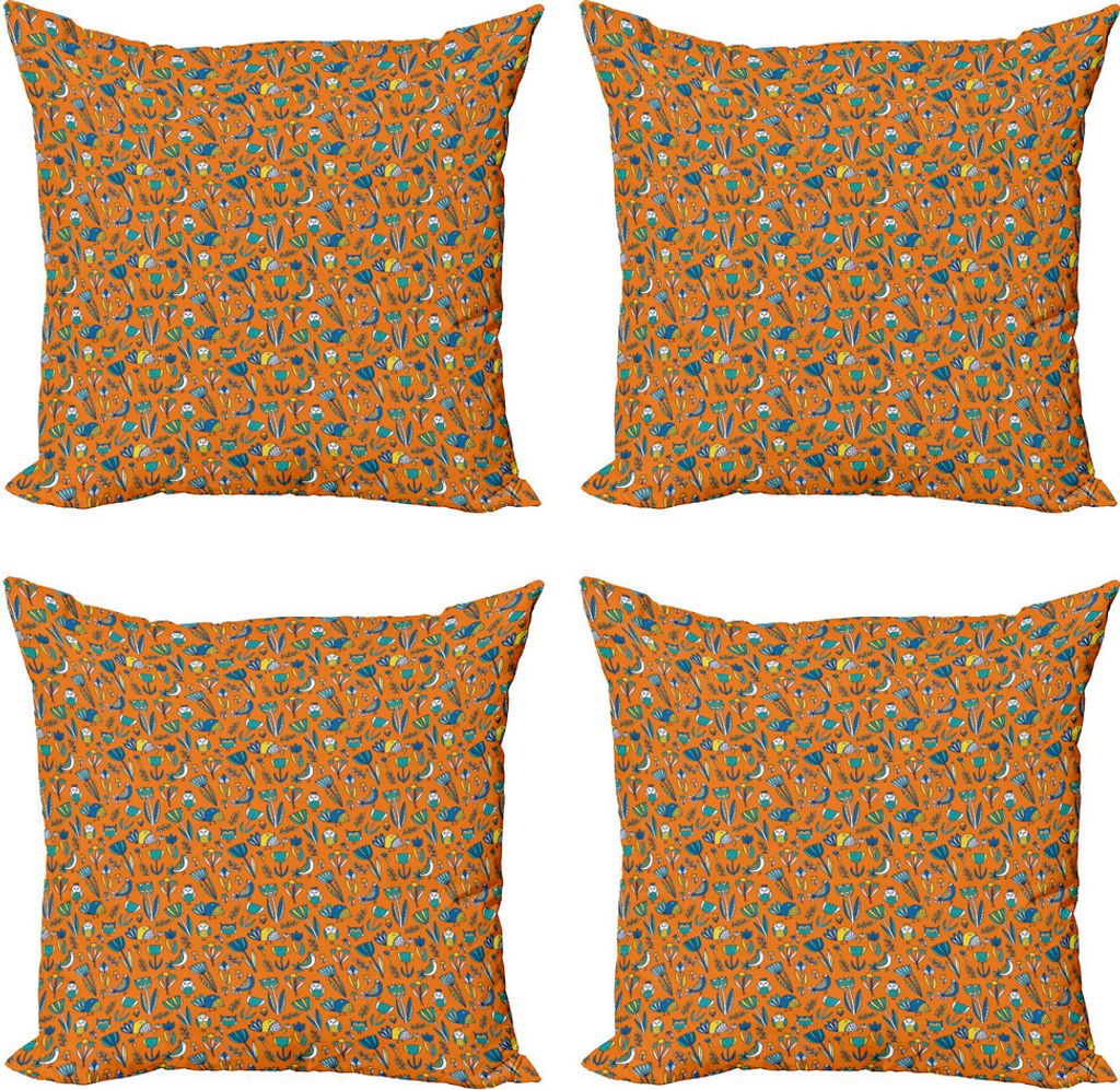 ABAKUHAUS Botanisch Kissenbezug Set (4 Stück), Abstrakte Tulpen und Vögel, Moderner Doppelseitiger Digitaldruck, 40 cm x 40 cm, Orange und Multic...