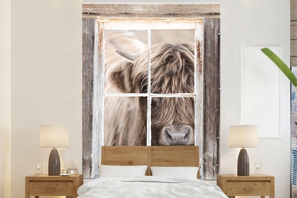 MuchoWow Fototapete für Wohnzimmer oder Schlafzimmer Wandtapete Vinyl Motivtapete Schottischer Highlander - Tier - Ansicht - 160x240 cm - Vinylt...