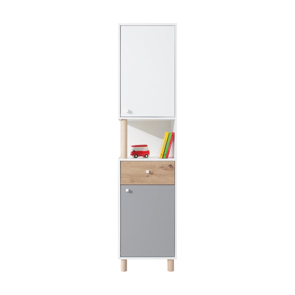 Bücherregal FIGO 45x190 cm Standregal mit 2 Türen und 1 Schublade, Bunt - Weiß/Eiche Artisan/Grau