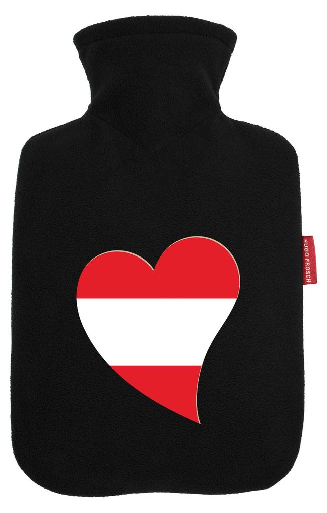 Huuraa Wärmflasche Österreich Flagge Herz 1,8 Liter Black Classic Veloursbezug Bettflasche Geschenkidee