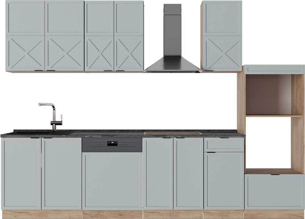 Küchenzeile Vicco Fame-Line Hellblau-grau/Goldkraft Eiche 300 cm mit Hochschrank, AP Anthrazit, Model 51186
