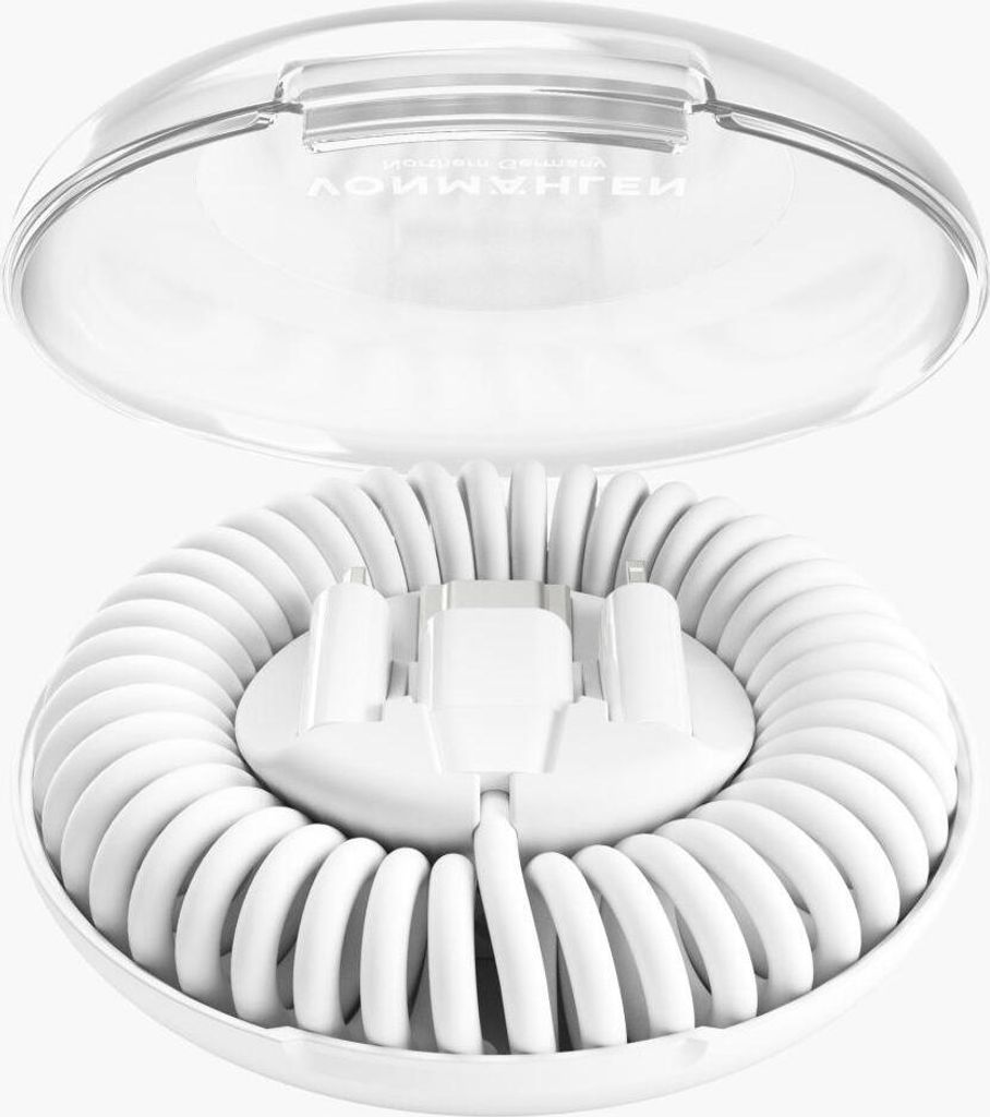A white charging and data cable coiled within its white base, with a clear plastic lid open above it.