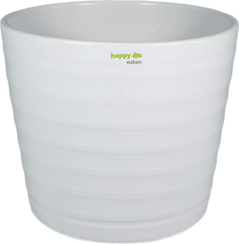 A white ceramic planter with a textured exterior and a small green logo on the front.