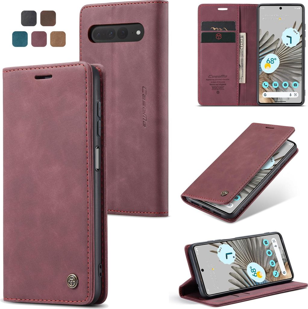 Caseme Handyhülle Leder Hülle Klapphülle Tasche Etui für Google Pixel 7 Pro Karmesinrot