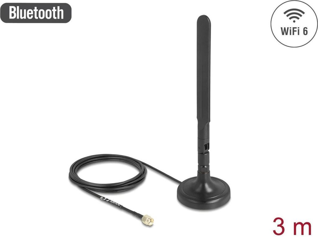 Delock WiFi 6 Antenne RP-SMA Stecker 3 dBi omnidirektional mit Anschlusskabel RG-174 3 m (10039)