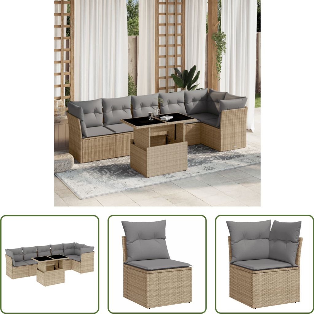 The Living Store 7-tlg. Garten-Sofagarnitur mit Kissen Beige Poly Rattan