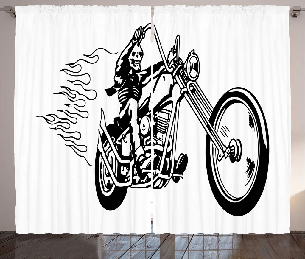 Rideaux de salon universels motif moto et squelette 280x225cm gris blanc