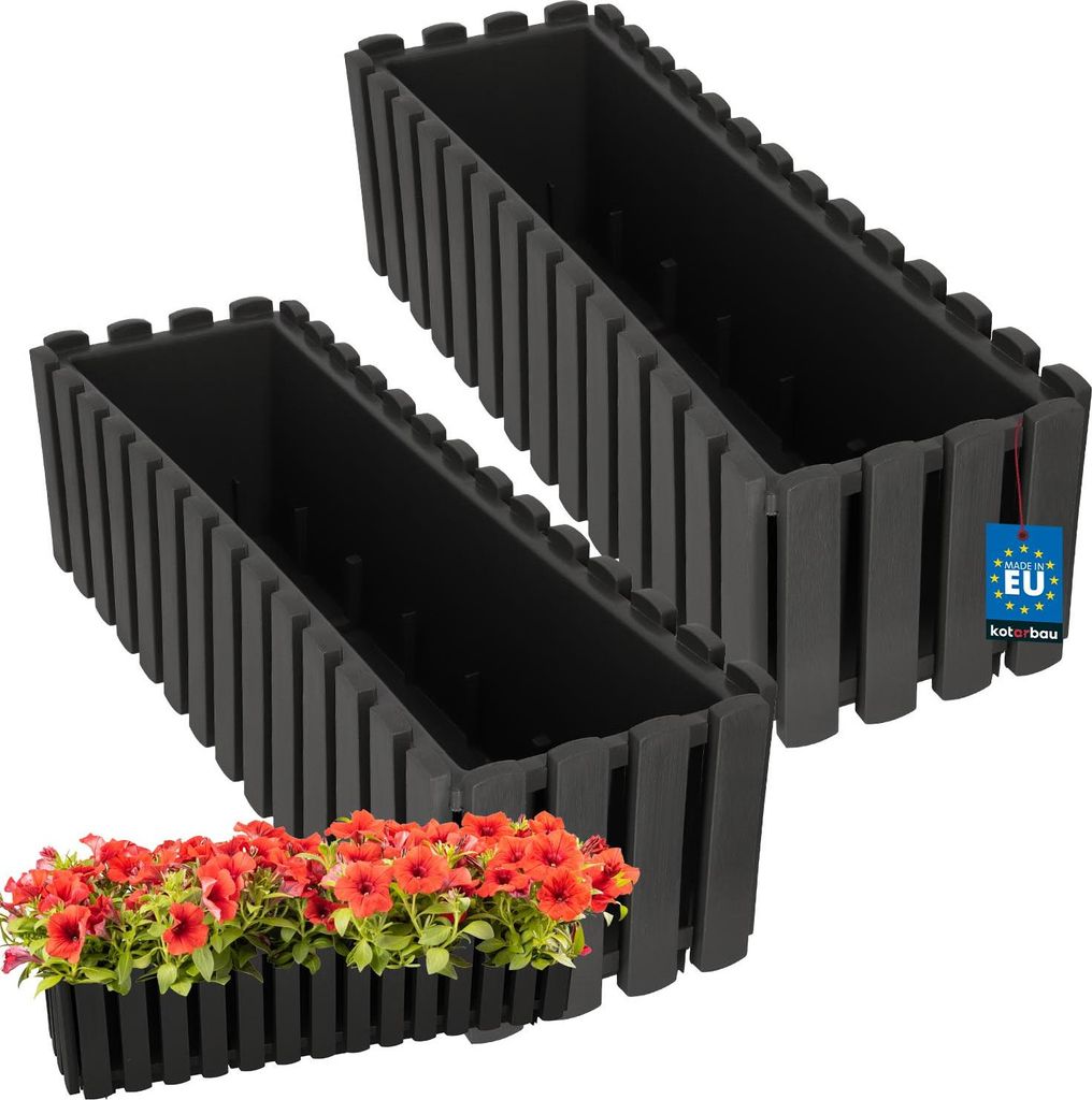 KOTARBAU 2er Set Blumenkasten Blumentopf 58x18x16 cm Grau Kunststoff Pflanzkasten Balkonkasten Pflanzkübel Rechteckig Übertopf Groß Blumenkast...