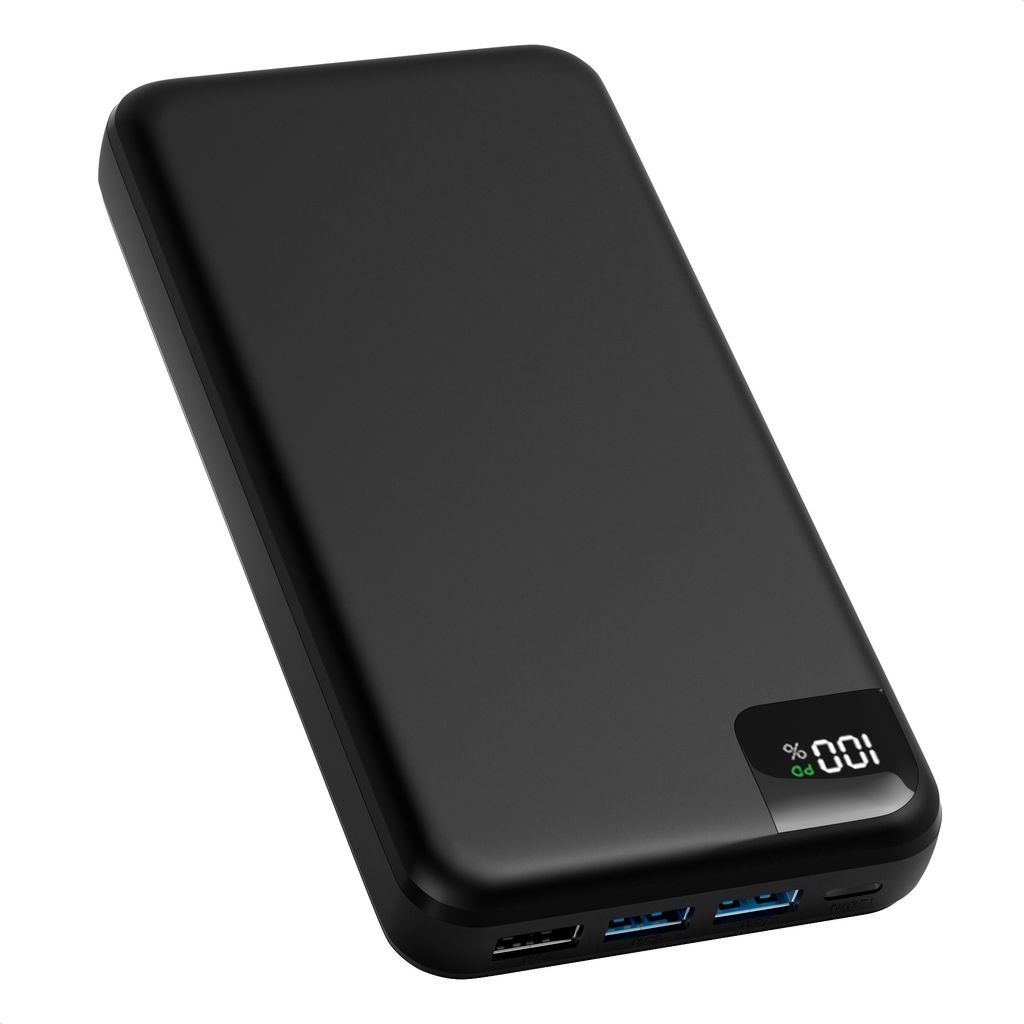 A black power bank is shown against a white background. The power bank has a digital display showing '100%'.