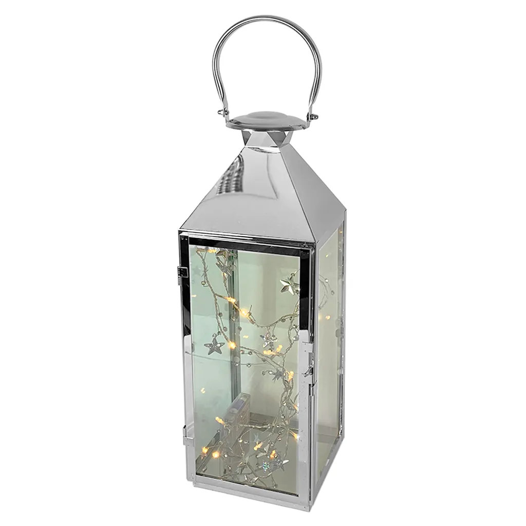 Lanterne XXL en acier inoxydable 54cm avec guirlande 20 LED étoiles