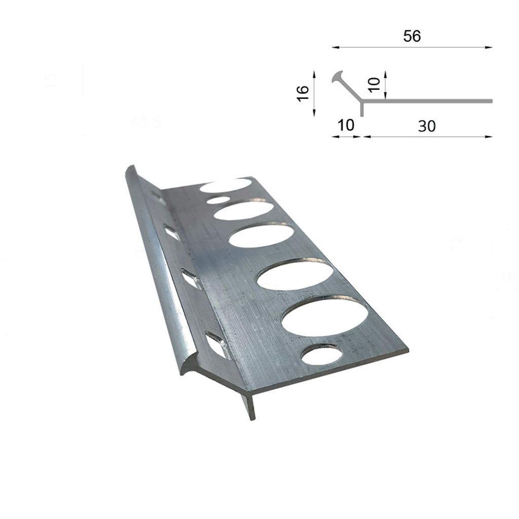 A metal corner profile with oval cutouts, shown against a white background. A technical diagram with dimensions is in the top right corner.