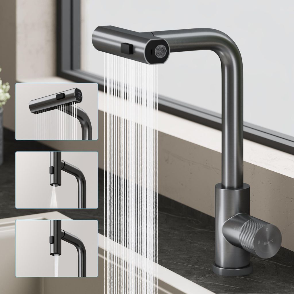 doporro Wasserfall Wasserhahn Küche Hochdruck mit 3 Strahlarten und Einhebel-Mischbatterie, ausziehbare Spültischarmatur Grau Turnix-02