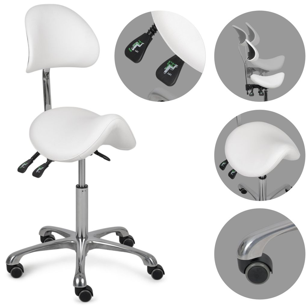 HABYS Ergonomischer Drehhocker Diana mit Rückenlehne | Rollhocker Arbeitshocker Praxishocker höhenverstellbar | Chrom-Basis & Formschaum | Weiß