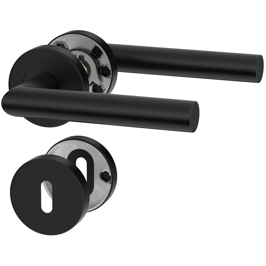 A black door handle set with a round rosette and a keyhole escutcheon, shown against a white background.