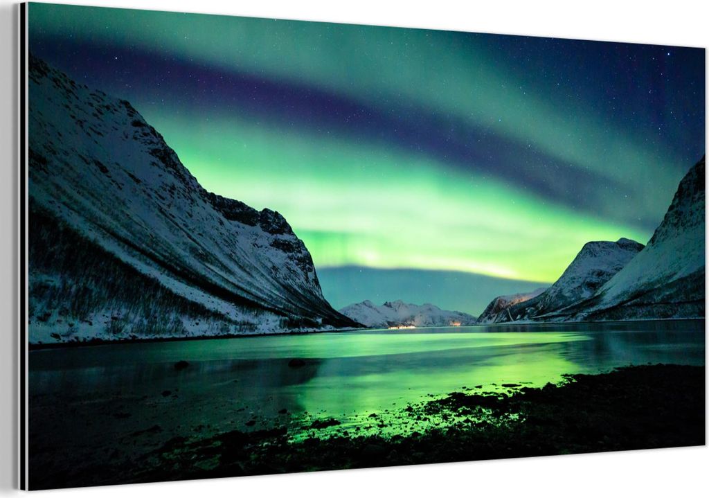 MuchoWow Wanddekoration Metall Metallbild Wandkunst 80x40 cm Nordlicht - Norwegen - Eis - Gelb - Berg - Wasser - Schnee MuchoWow Aluminium Gemälde...