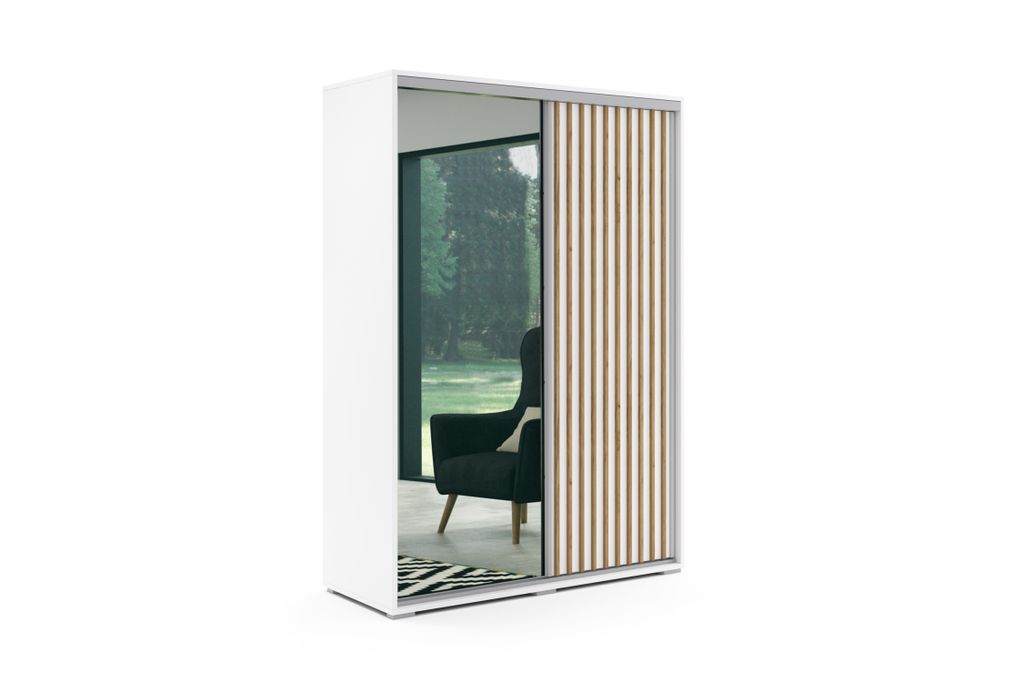 Kleiderschrank 150 MANON mit Spiegel - weiß/goldene Eiche