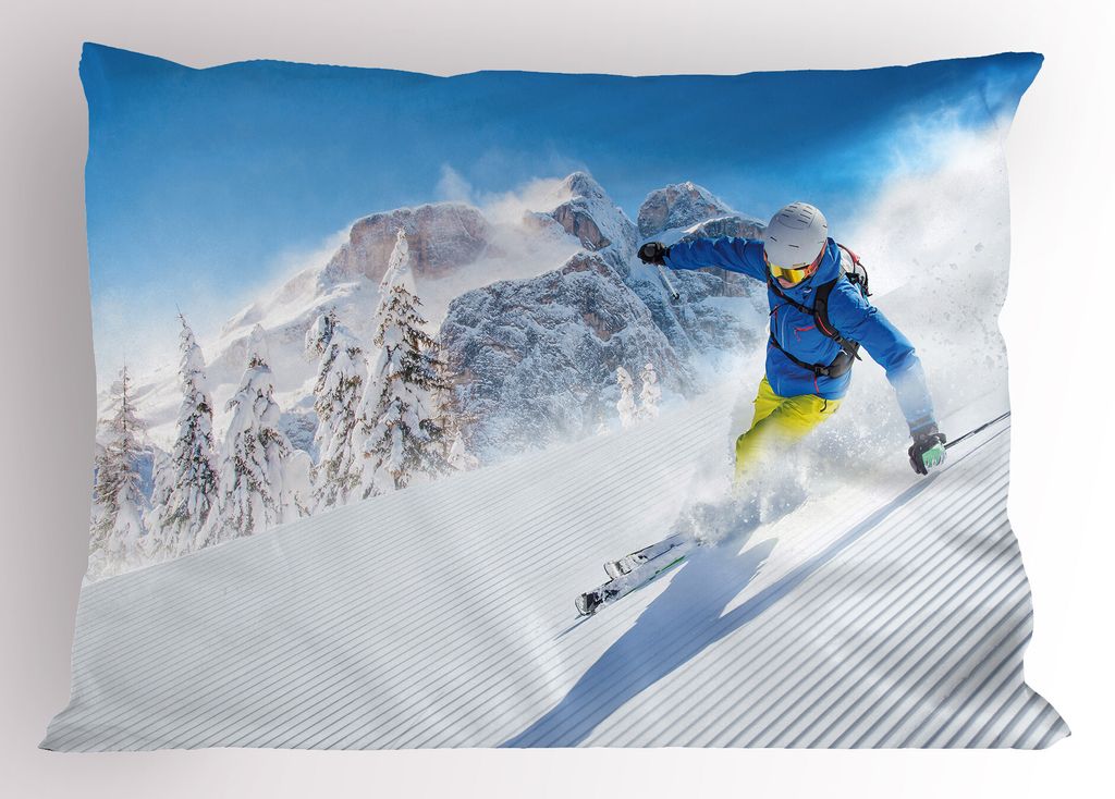 ABAKUHAUS Winter Kopfkissenbezug, Skifahrer, der abwärts in den hohen Bergen extreme Wintersport-Hobby-Tätigkeit fährt, 40x80 cm, Blau Weiß Gelb