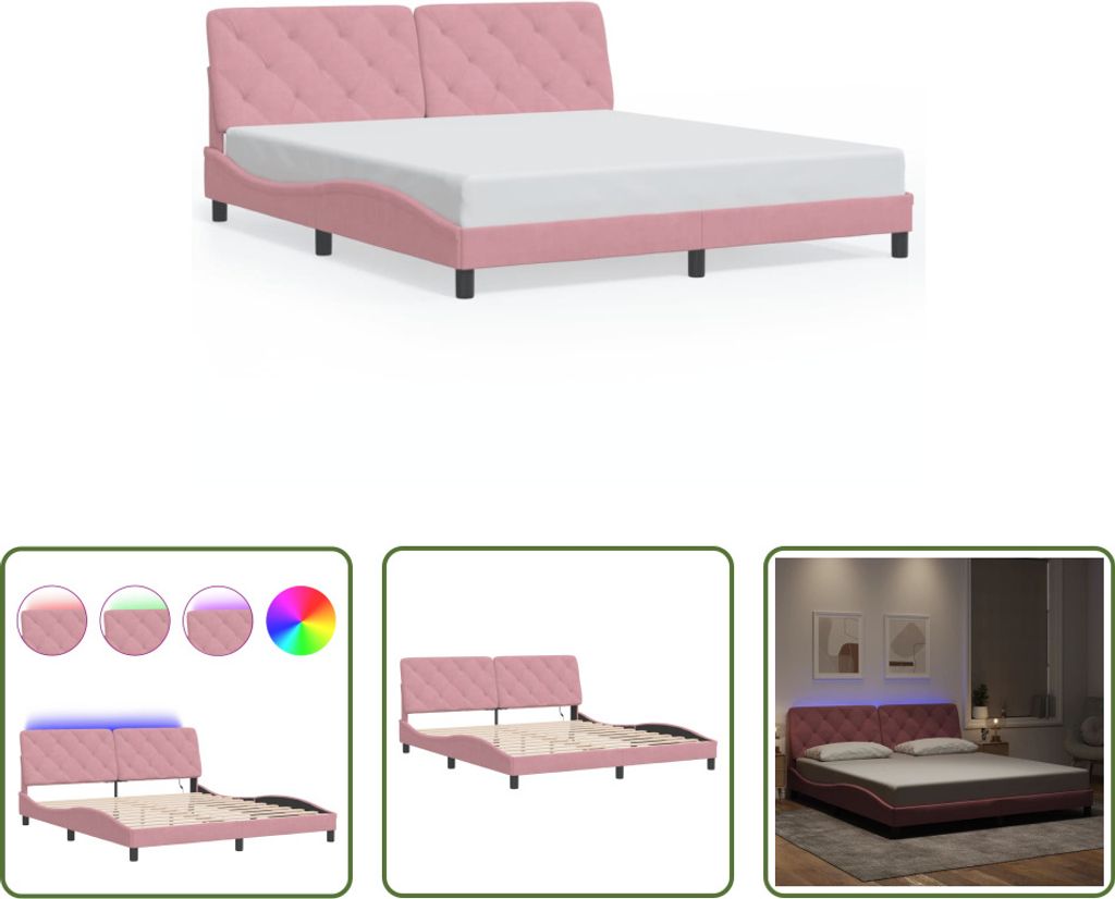 The Living Store Bettgestell mit LED-Leuchten Rosa 180x200 cm Samt