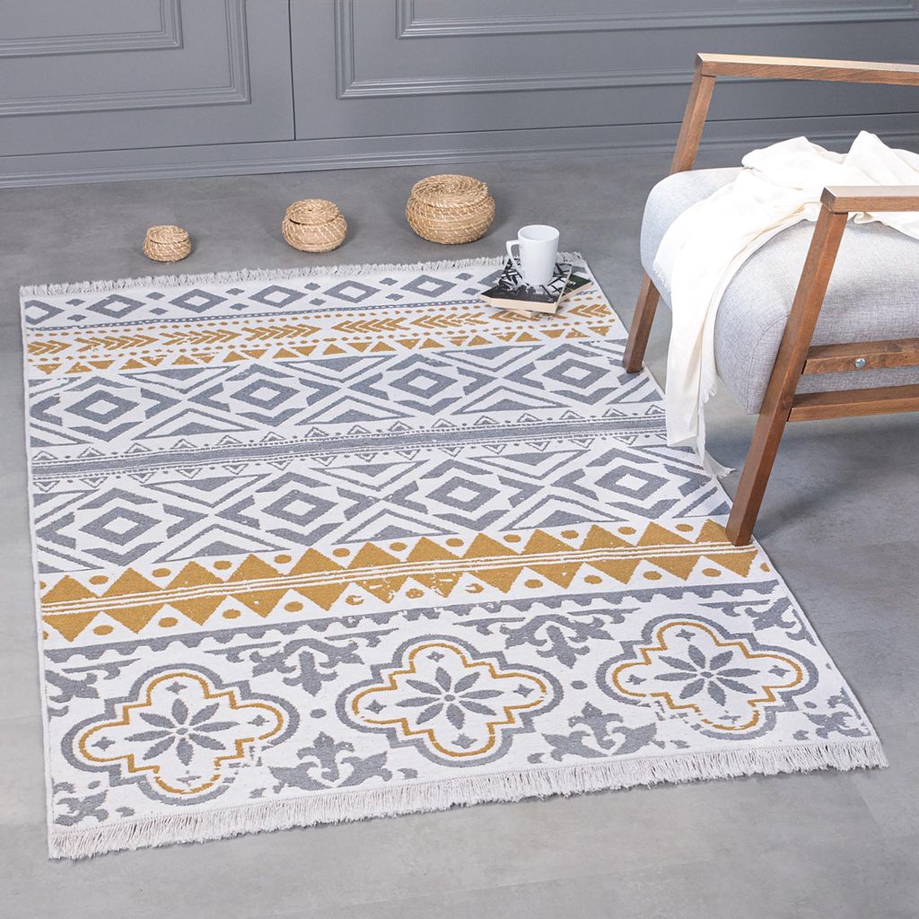 Kurzflor Teppich Läufer - Boho Kelim Teppich, Wohnzimmerteppich, Schlafzimmer und Küchenteppich, Flur Teppich, 80 x 150 cm, Ceramic-Hellgrau-Gold