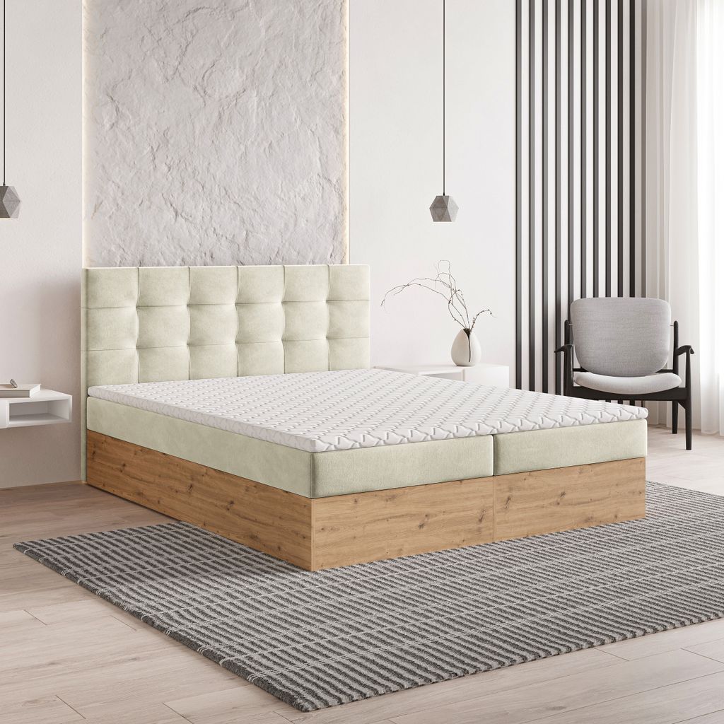 Masseno Boxspringbett MOLVEN 140x200 cm Komplett-Set mit Bonell Matratze und Topper, Polsterbett mit Bettkästen -Creme, SORO 02