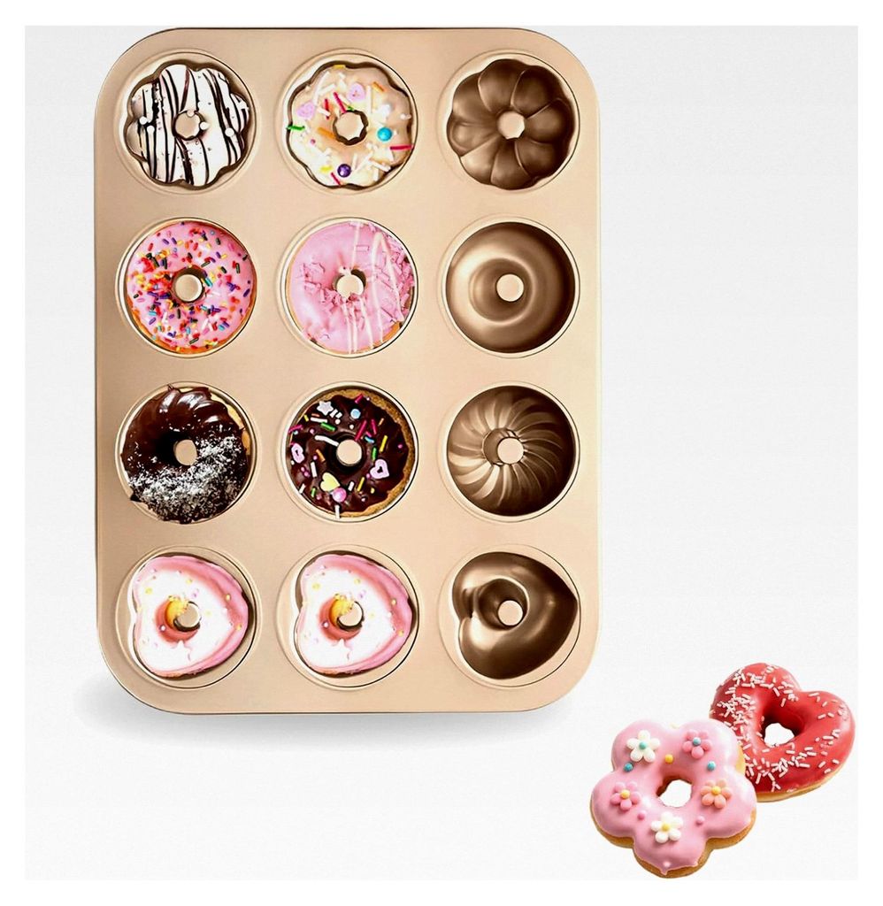 Donut-Backform mit 12 Mulden, Antihaftbeschichtung, hochwertige Backform für Donuts, Kuchen, Bagels, Desserts, 4 Formen (rund, floral, spiralförm...