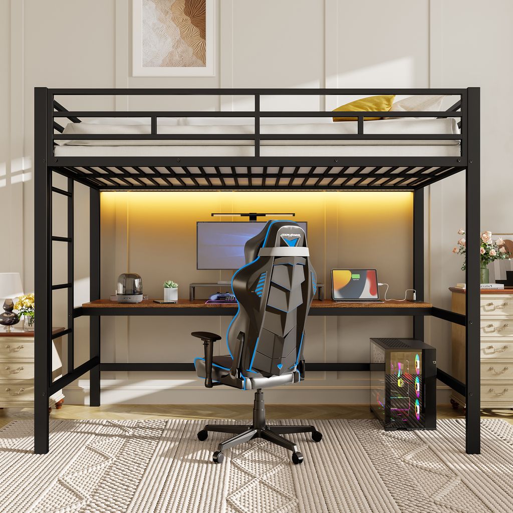 A loft bed with a desk and gaming chair setup in a bedroom.