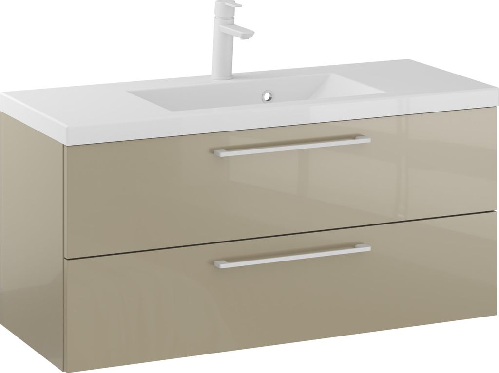 Rosen 100.2 cm Badezimmerschrank in Cappuccino Hochglanz mit Waschbecken und Weißen matten Griffen - Zeitloses Design