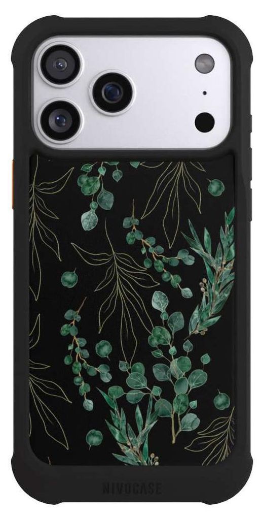 NIVOCASE Hülle für Apple iPhone 17 Pro Max Stoßfeste Handyhülle NIVOmax Case Schwarz Blätter Natur Eukalyptus
