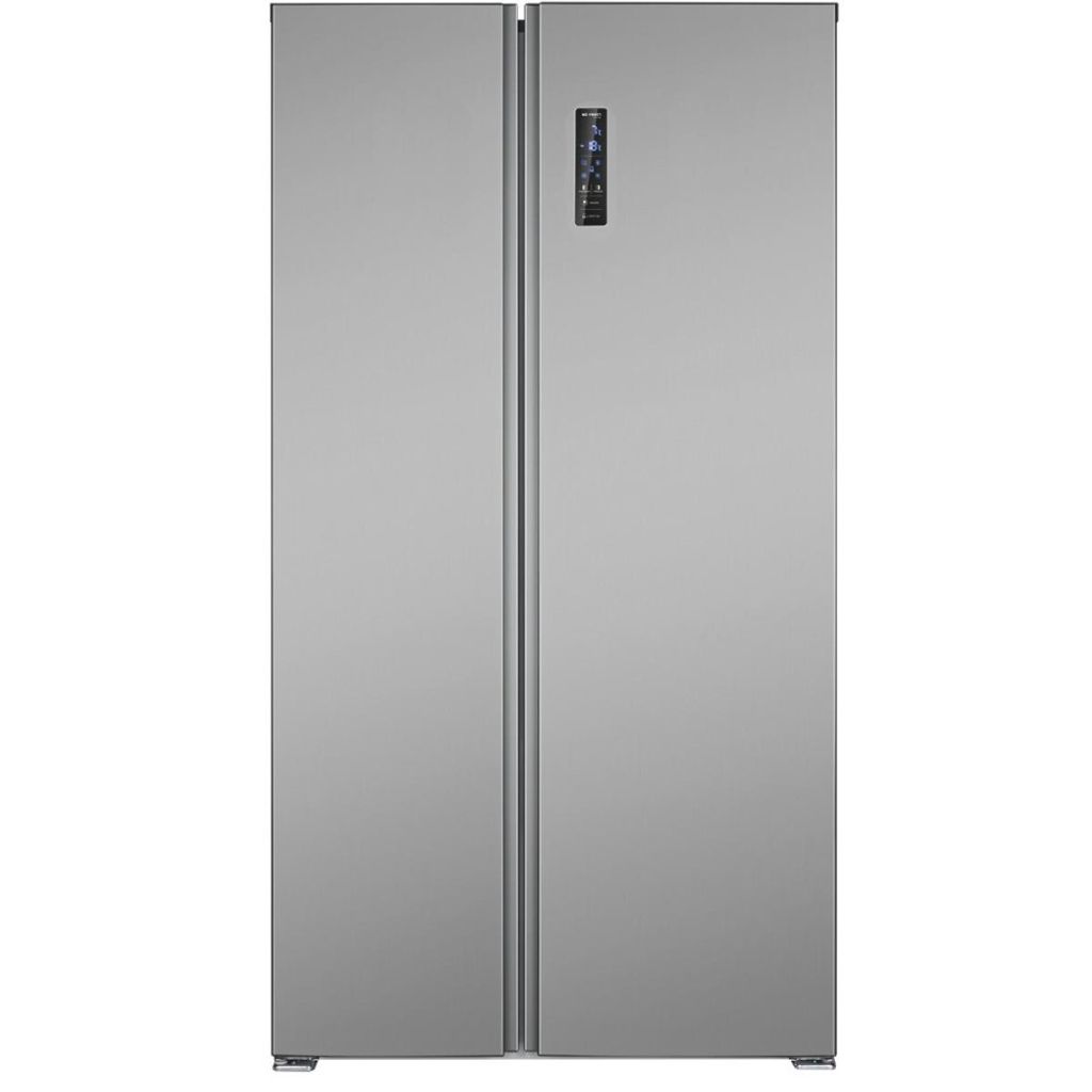A front view of a silver side-by-side refrigerator.