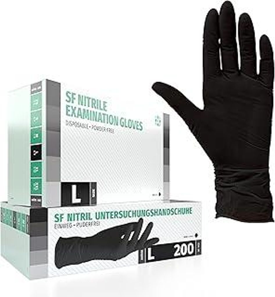 SF Nitrilhandschuhe L Schwarz – 200 Stück Einweghandschuhe, Einmalhandschuhe, Puderfrei, Latexfrei, Gummihandschuhe Einweg zum Kochen, Putzen, f...
