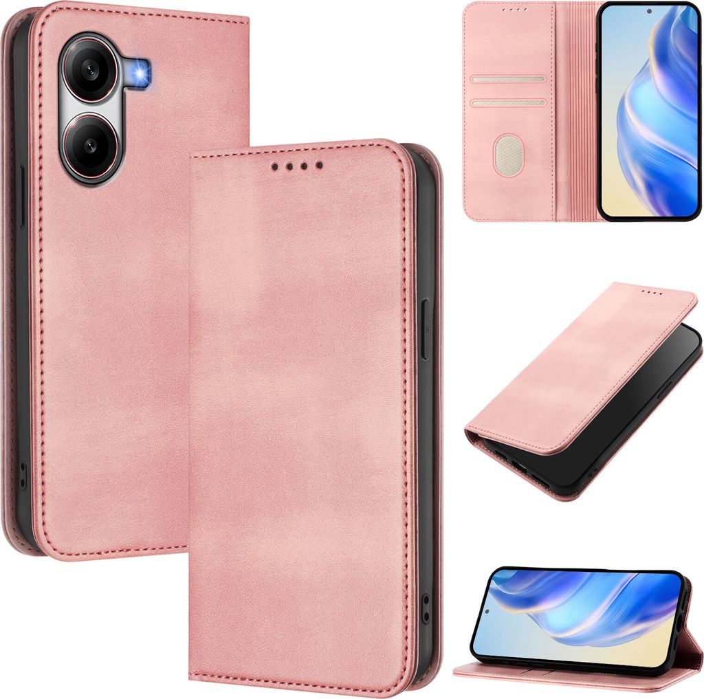 Handyhülle für Xiaomi Poco X7 Pro 5G, Vintage Leder RFID Schutz Kartenfach Standfunktion Magnetische Klapphülle Pink