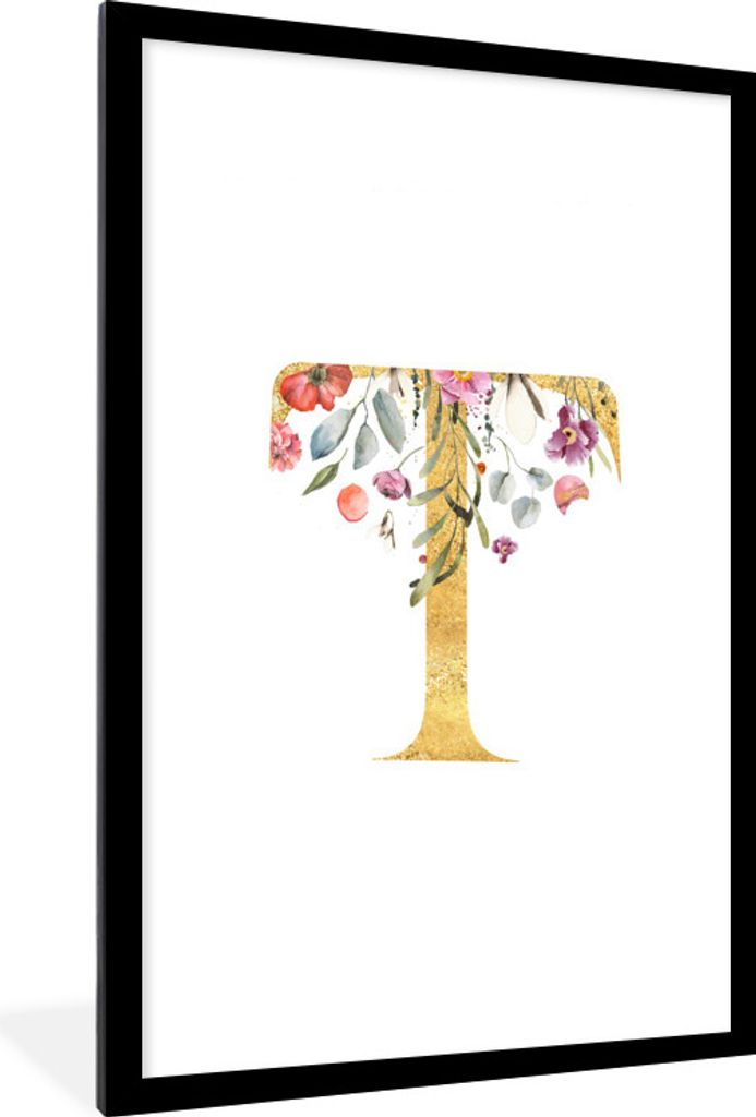 MuchoWow MuchoWow Gerahmtes Poster Blumen - Gold - Brief 60x90 cm - Poster mit zchwarzem Bilderrahmen - Dekoration - Wandposter Wohnzimmer - Ho...