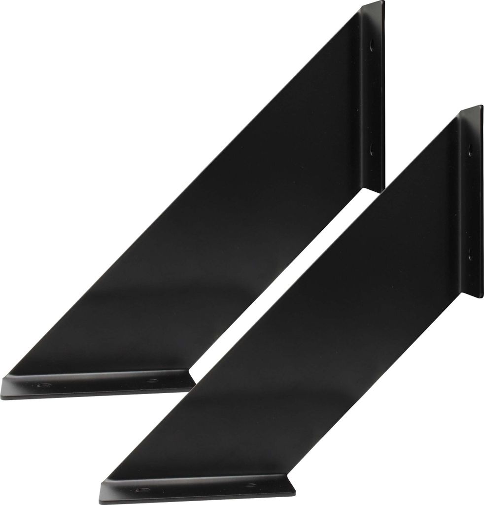 Two black metal shelf brackets are shown against a white background.